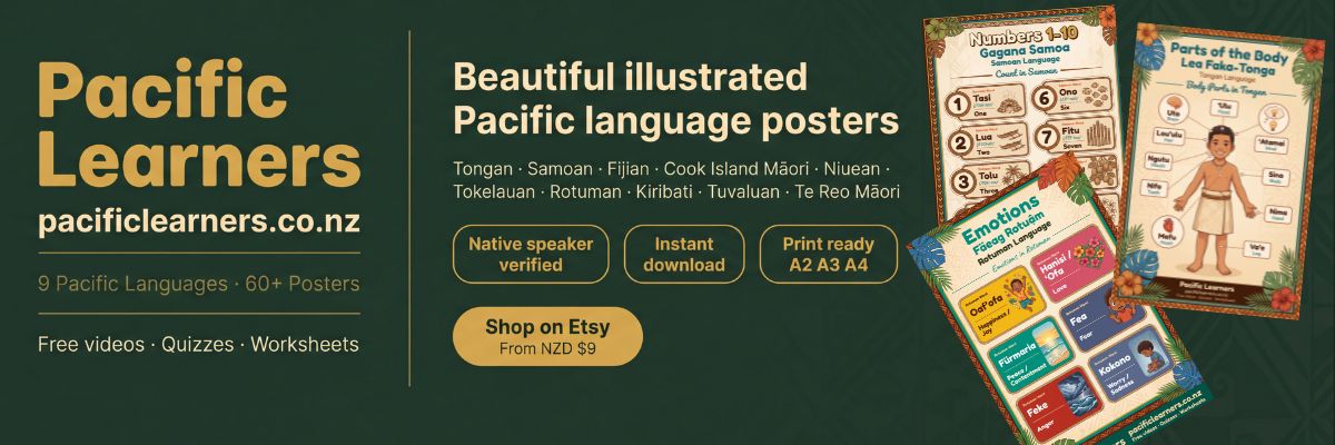 Pacific Learners promotional banner showing Pacific language educational posters across 9 languages including Tongan, Samoan, Fijian, Cook Island Māori and Te Reo Māori