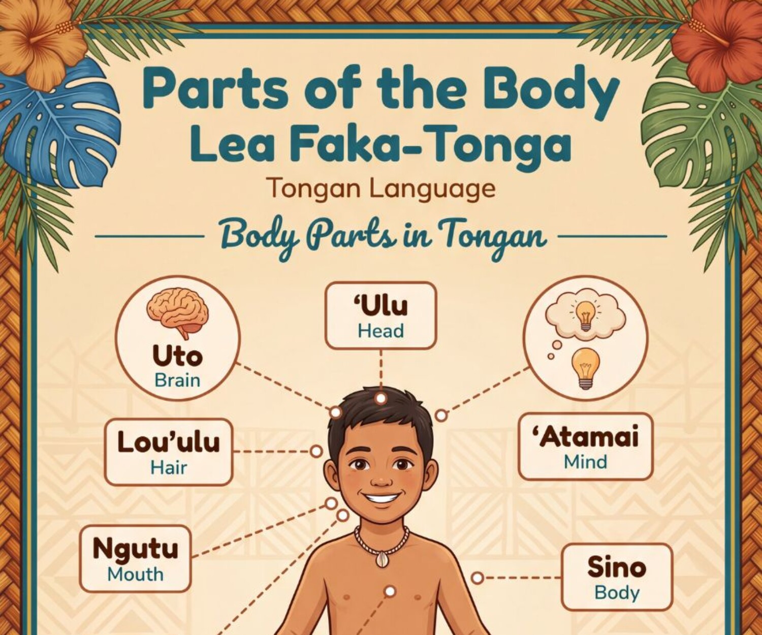 Educational poster showing body parts in Tongan around a smiling child: head ('Ulu), brain (Uto), hair (Lou'ulu), mouth (Ngutu), mind ('Atamai), and body (Sino).